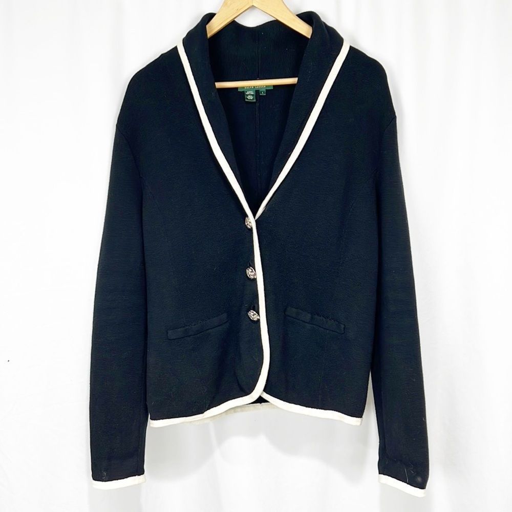 Ralph Lauren Black Sweater Jacket w Cream Trim and Logo Buttons in a Large